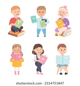 Little Boy and Girl Enjoying Reading Book and Fiction Story Vector Set