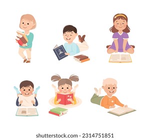 Little Boy and Girl Enjoying Reading Book and Fiction Story Vector Set