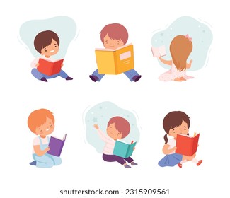 Little Boy and Girl Enjoying Reading Book and Fiction Story Vector Set