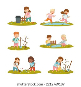 Little Boy and Girl Enjoying Spring Season Planting Tree, Gathering Garbage and Splashing in Puddle Vector Set