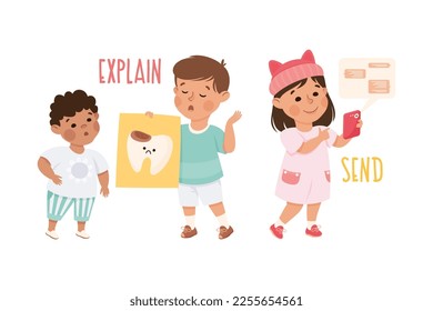 Little Boy and Girl Explaining and Sending Message Demonstrating Vocabulary and Verb Studying Vector Set