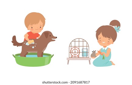 Little Boy And Girl Feeding Rat In Cage And Grooming Dog Washing It With Sponge Vector Set