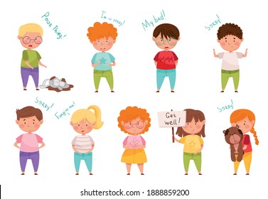 Little Boy and Girl Feeling Sorry and Expressing Regret for Bad Thing Vector Set