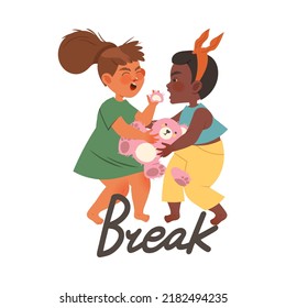 Little Boy and Girl Fighting Breaking Toy Teddy Bear as Verb Expressing Action for Kids Education Vector Illustration