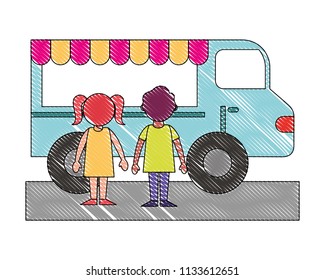 little boy and girl with food truck