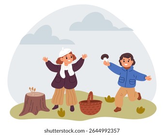 Menino e menina encontraram cogumelo em bosques de outono. Crianças coletando fungos. Naturalistas na natureza. Crianças colhem fungos na floresta. Cesta para coto de árvore. Lazer de outono