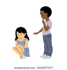 Little boy and girl. Friend asks for forgiveness. The girl is offended and crying. Children and childhood. Vector illustration isolated on white background