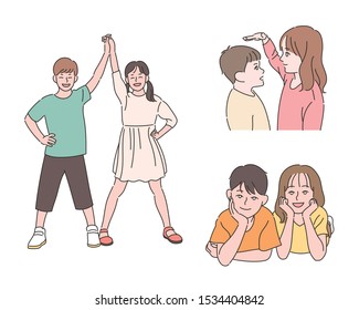 Little boy and girl are friends They key each other I'm laughing chin together. Holding hands with each other in a victory pose. hand drawn style vector design illustrations. 