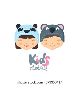 Little boy and girl in funny hats with panda and koala bear muzzle. Kids clothes logo, label, badge, tag design elements. Baby store, online shop design. Flat illustration for prints.
