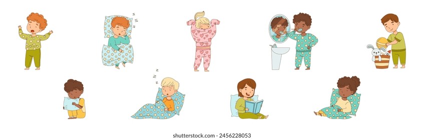 Little Boy and Girl Getting Ready to Bed Wear Pajama Vector Set