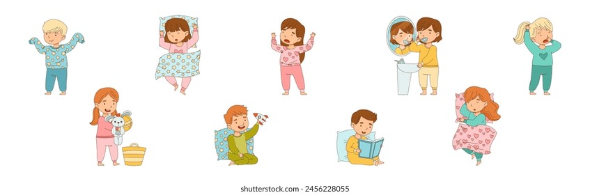 Little Boy and Girl Getting Ready to Bed Wear Pajama Vector Set