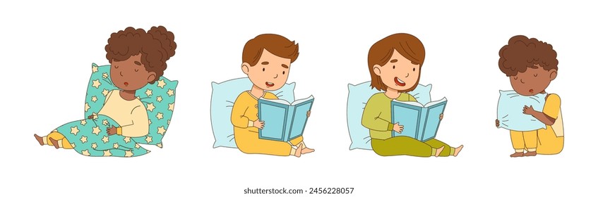 Little Boy and Girl Getting Ready to Bed Wear Pajama Vector Set