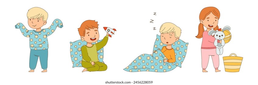 Little Boy and Girl Getting Ready to Bed Wear Pajama Vector Set