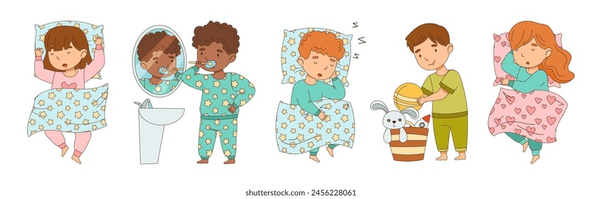 Little Boy and Girl Getting Ready to Bed Wear Pajama Vector Set