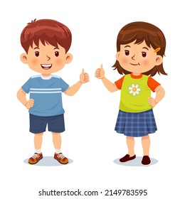 Little boy and girl give thumbs up with a happy look. Vector illustration isolated on white background.