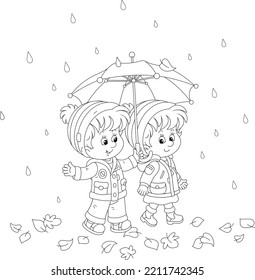 Little boy and girl hiding from the rain under their toy umbrella while walking through fallen leaves on a rainy autumn day, black and white outline vector cartoon illustration
