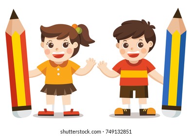 Little Boy and Girl holding big pencil isolated on white background.