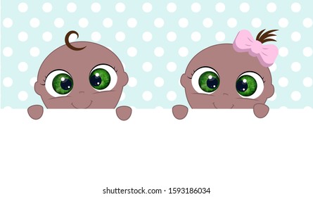 Little boy and girl holding blank poster. Template for advertising brochure. Ready for your message. Space for text. Funny cartoon character. 