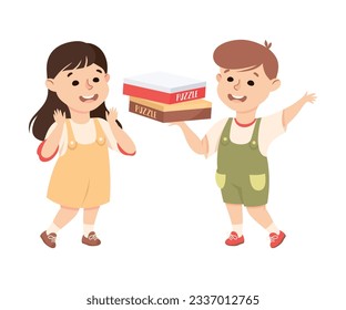 Little Boy and Girl Holding Box with Jigsaw Puzzle Ready for Assembling Mosaiced Pieces into Picture Vector Illustration