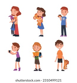 Little Boy and Girl Holding Favorite Toy Vector Set