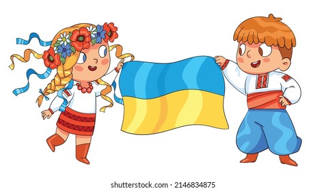 Little boy and girl holding the flag of Ukraine. Welcome to the Ukraine. Colorful cartoon characters. Funny vector illustration. Isolated on white background