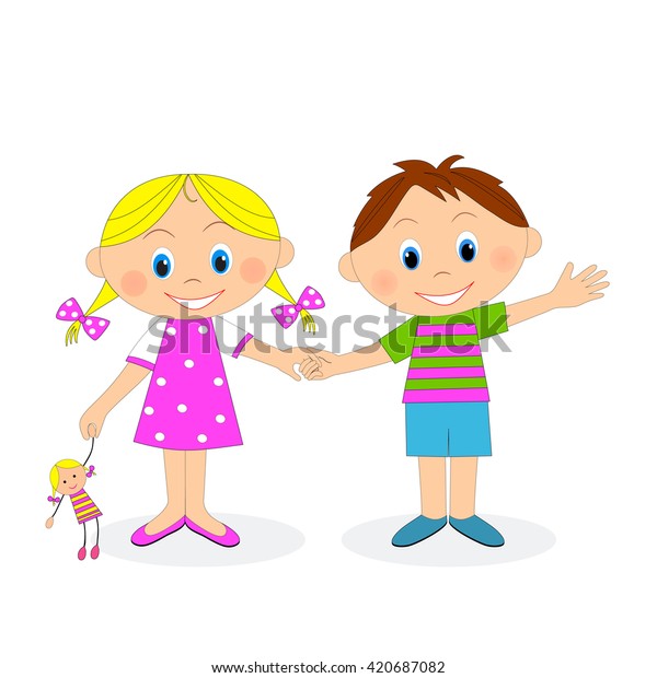 Little Boy Girl Holding Hands Waving Stock Vector Royalty Free
