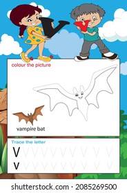 little boy and girl holding letter v learn English alphabet with coloring pages vampire bat illustration