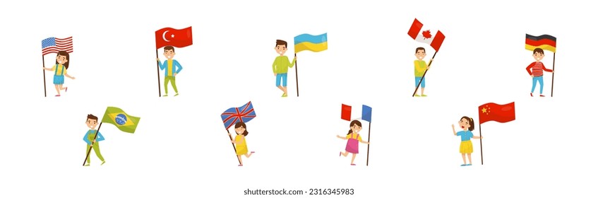 Little Boy and Girl Holding National Flags of Different Countries Waving on Pole Vector Set