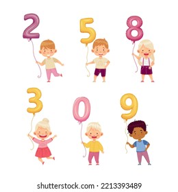 Little Boy and Girl Holding Number Shaped Balloon by the String Vector Set