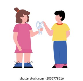 Little boy and girl holding toy rabbit together. Kids nice behavior image with children playing, flat cartoon vector illustration isolated white background