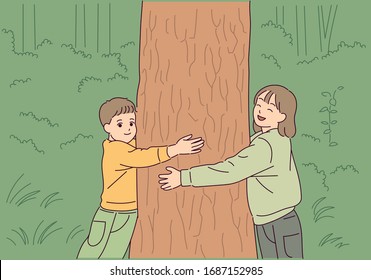 Little boy and girl are hugging a big tree with their arms. hand drawn style vector design illustrations. 