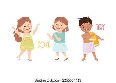 Little Boy and Girl Joking and Drying Body with Towel Demonstrating Vocabulary and Verb Studying Vector Set