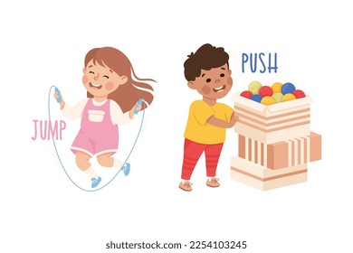 Little Boy and Girl Jumping Rope and Pushing Cardboard with Balls Demonstrating Vocabulary and Verb Vector Set