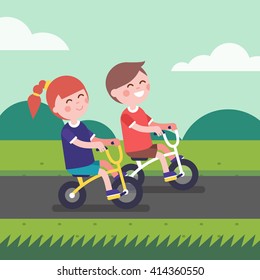 Little boy and girl kids riding bicycle a outdoors on a park bike path. Cartoon character clipart. Modern flat style illustration.