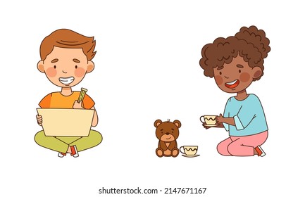 Little Boy and Girl in Kindergarden Drawing with Pencil and Playing Toy Vector Illustration Set