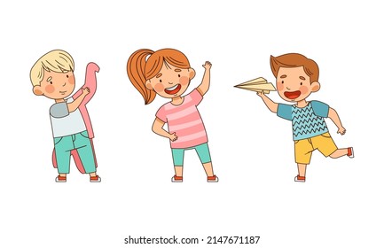 Little Boy and Girl in Kindergarden Playing Toy Paper Plane and Doing Physical Exercise Vector Illustration Set