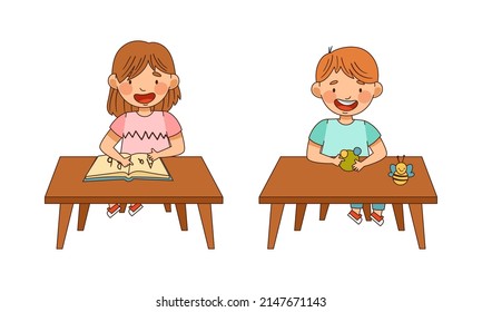 Little Boy and Girl in Kindergarden at Table Learning Alphabet and Modeling from Plasticine Vector Illustration Set