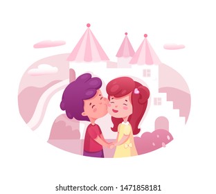 Little boy and girl kissing flat illustration. Best friends, sister and brother hugging. Kids expressing feelings, first love isolated clipart. Children celebrating Valentines Day vector characters