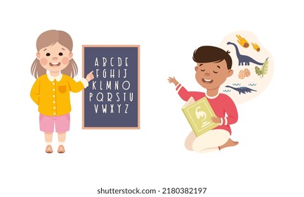 Little Boy and Girl Learning Alphabet and Dinosaurs as School Subject Vector Set
