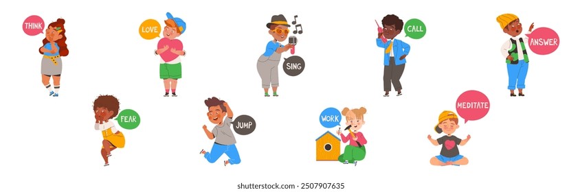 Little Boy and Girl Learning English Word Vector Illustration Set