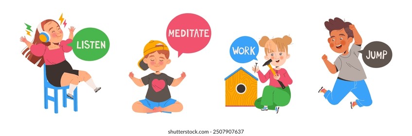 Little Boy and Girl Learning English Word Vector Illustration Set