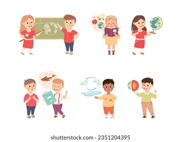 Little Boy and Girl Learning Lesson and School Subject Vector Set