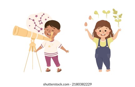 Little Boy and Girl Learning Nature and Astronomy with Telescope as School Subject Vector Set