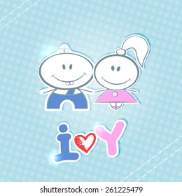 Little boy and girl on a blue background. Handwritten text "I love you." Vector illustration