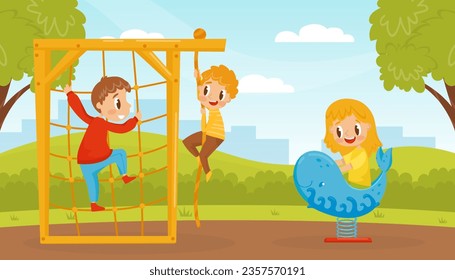 Little Boy and Girl on Playground Enjoy Summer Activity Vector Illustration