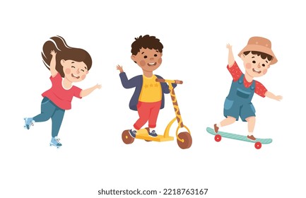 Little Boy and Girl on Roller Skates and Skateboard in Skate Park Having Fun and Enjoying Recreational Activity Vector Set