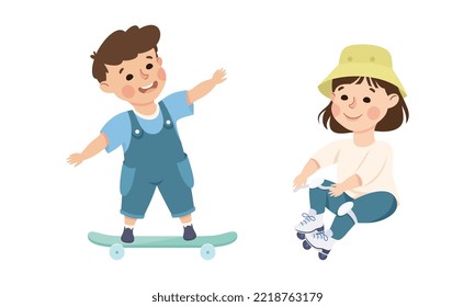 Little Boy and Girl on Roller Skates and Skateboard in Skate Park Having Fun and Enjoying Recreational Activity Vector Set