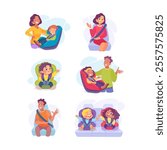 Little Boy and Girl on Seat with Safety Belt with Man and Woman Vector Illustration Set