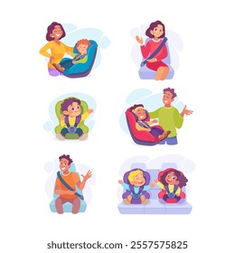 Little Boy and Girl on Seat with Safety Belt with Man and Woman Vector Illustration Set