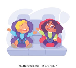 Little Boy and Girl on Seat with Safety Belt Vector Illustration